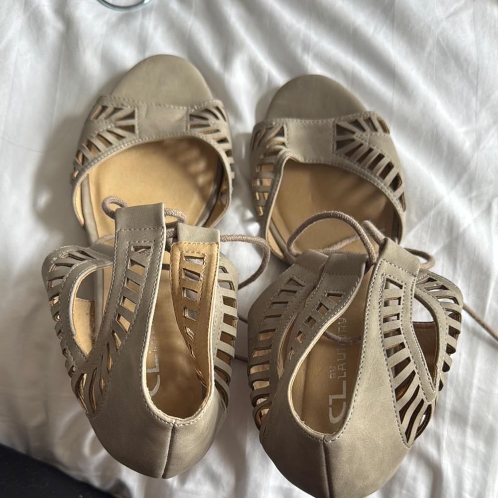 CL by Laundry Tan Sandals with Elegant Geometric Design